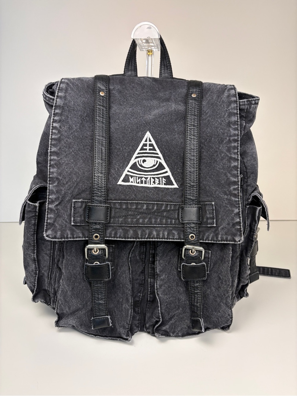 Disturbia All Seeing Eye Washed Black Canvas Backpack with White Triangle Logo